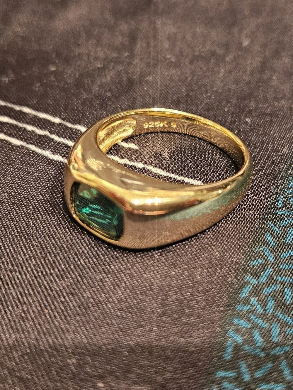 925 Sterling Gold Plaited Signet Ring with Green Stone